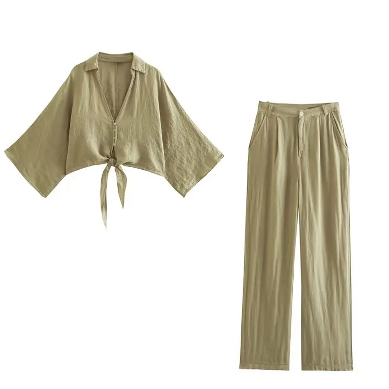 

Женский комплект из 2 предметов, хлопковая плиссированная рубашка с V-образным вырезом и штаны, лето 2023