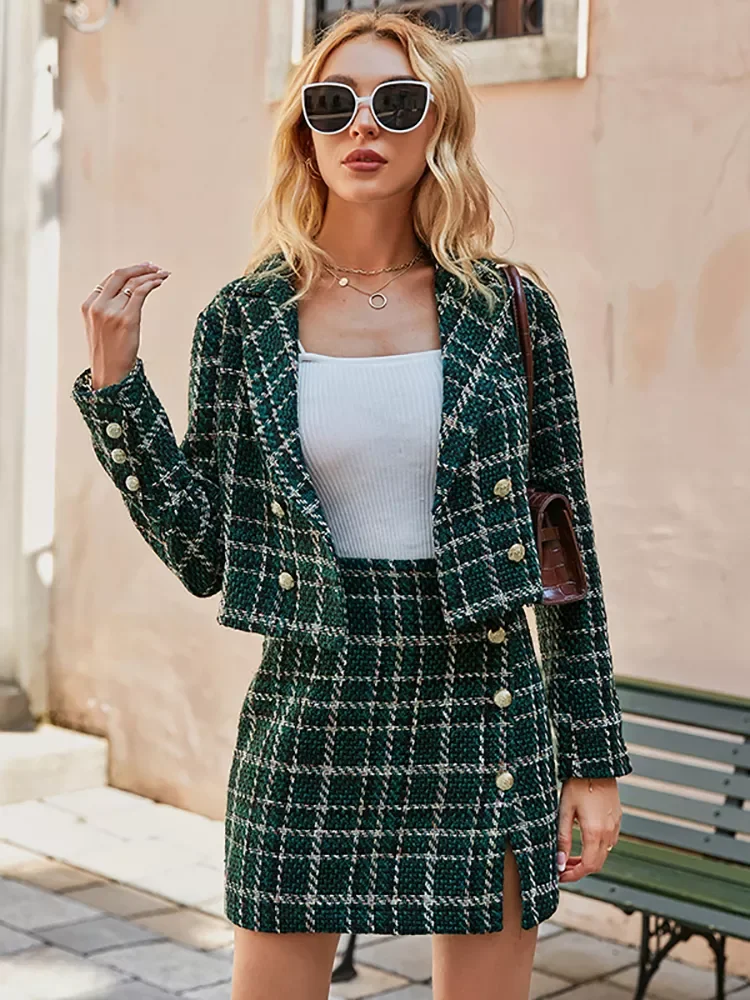 

Office plaid women blazer coat green Elegant high waist split female mini skirt Fashion lapel long sleeve button blazers