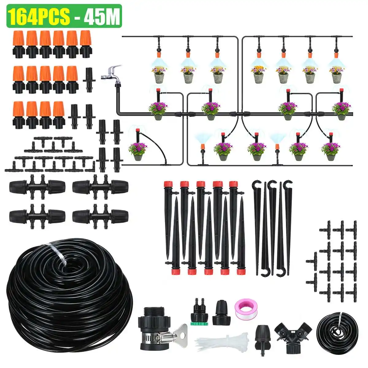 

164pcs 45m Hose Drip Irrigation System Plant Watering Set 360 Degree Adjustable Drippers Misting Cooling For Garden Greenhouse