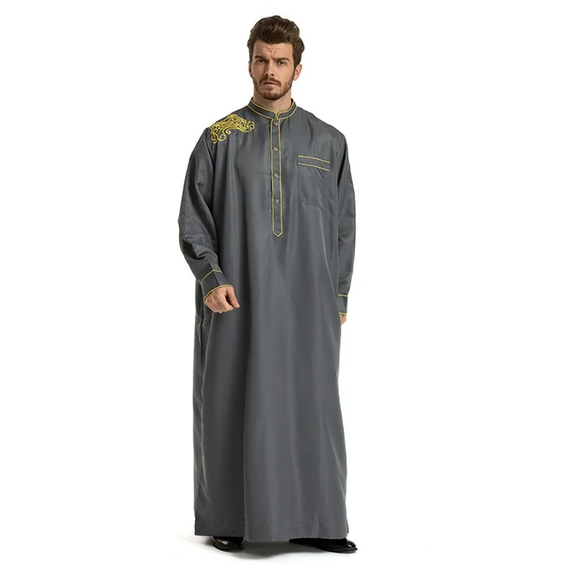 Men's Muslim Robe Daily Casual Commuter Middle East Muslim Ethnic Embroidered Long Sleeve Loose Stand Collar Robe For Men Africa