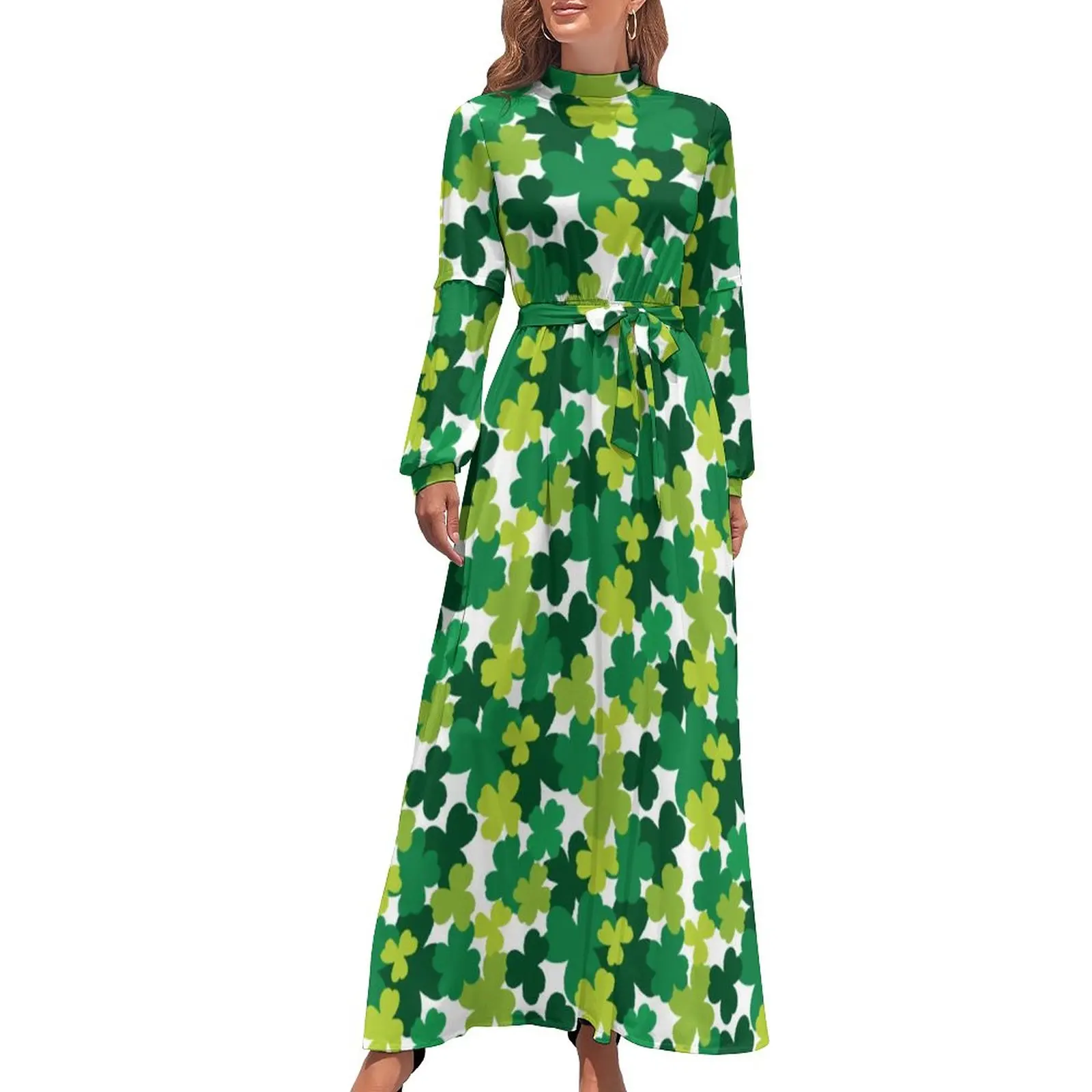 

Shamrock Pattern Dress St Kawaii Maxi Dress Street Style Beach Long Dresses High Neck Printed Vestido