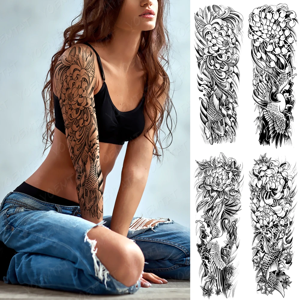 

Large Arm Waterproof Traditional Temporary Tattoo Stickers Women Men Black Line Flowers Koi Crane Thigh Body Art Fake Tattoos