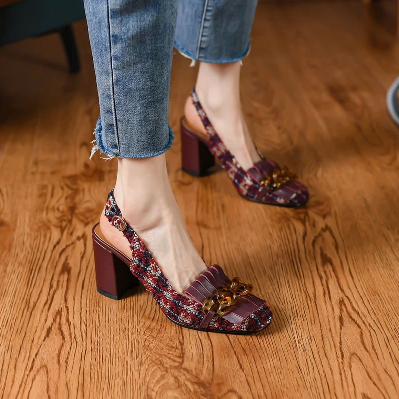 

2022 Summer Chunky 7cm High Heel Sandals Women Retro Slingback Modern Sandals Crystal Chain Fringe Tassel Pumps Banquet Shoes