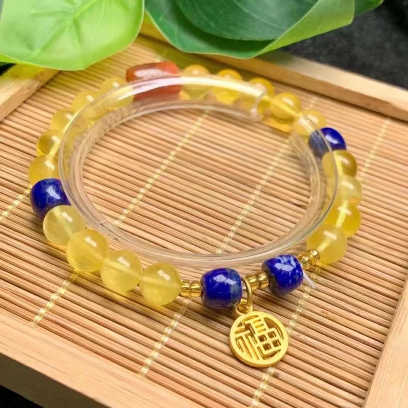 Браслет из натурального янтарного пчелиного воска с бусинами лазурита и