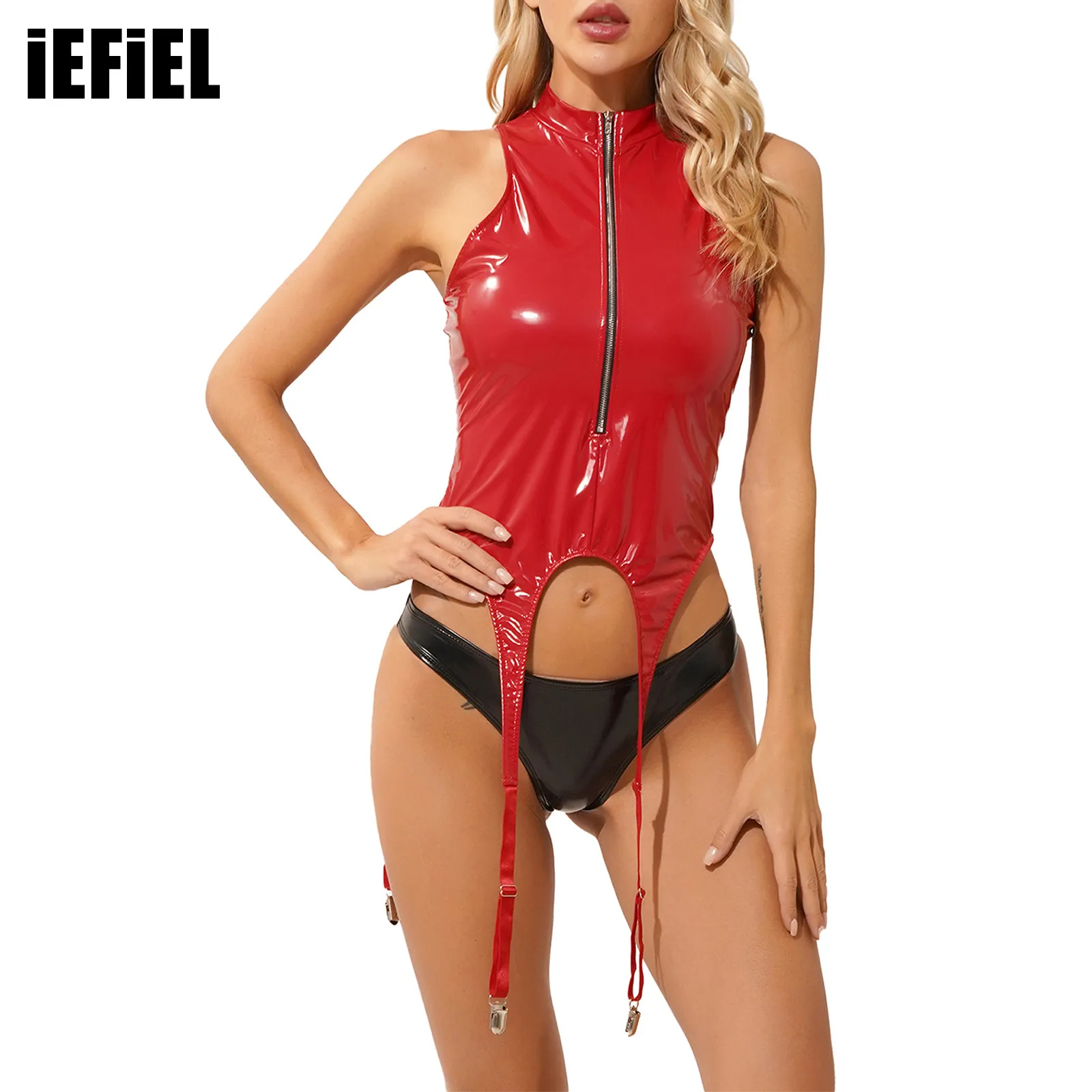 

New Womens Wet Look Patent Leather Tank Tops Zipper Sleeveless Vest with Suspender Garter Straps Metal Clips Sexy Party Clubwear