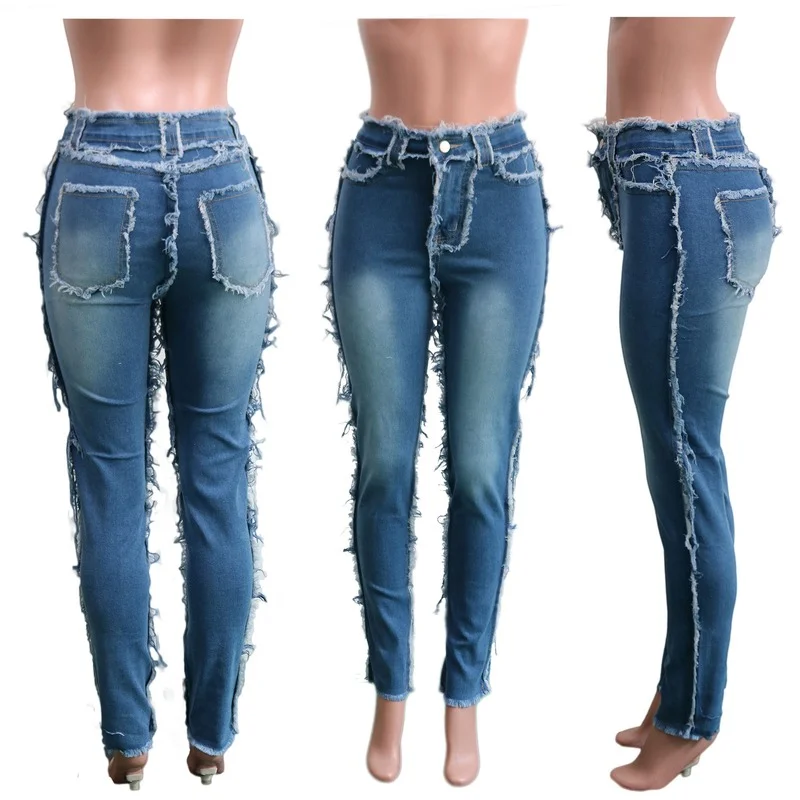 Tassel Splicing Denim Pants Women Fashion High Waist Washed Pencil Jeans Ripped Trousers Street Skinny High Waist Lady Pants