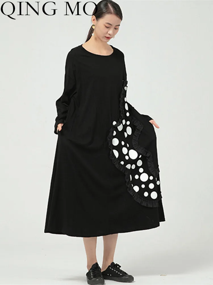 

QING MO 2023 Spring Summer New Super Fairy Ruffle Polka Dot Loose Casual Long Western-style Dress Women Black White ZXF1888