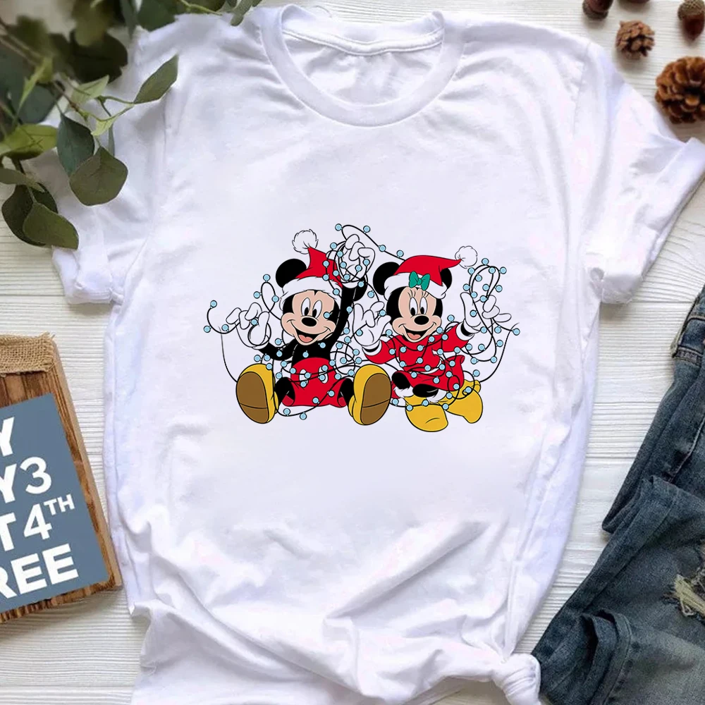

Mickey and Minnie Christmas T Shirt Women Kawaii Harajuku Fashion Disney Clothes Basic White Festival Tops Xmas Gift Dropship