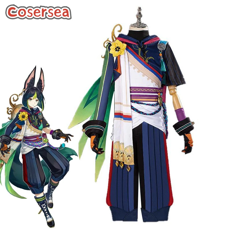 

Cosersea Tighnari Cosplay Costume Game Genshin Impact Sumeru Tighnari Women Uniform Outfit Fullset Dark Blue Cosplay Wigs Shoes