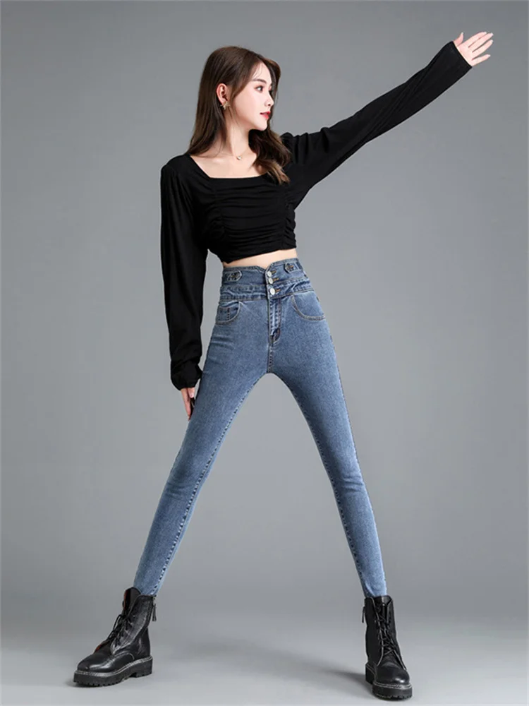 Super High Waist Jeans Women Elastic Skinny Slim Pencil Pants 2022 Spring Autumn New Fashion Zipper Button Pocket Jeans Feminina