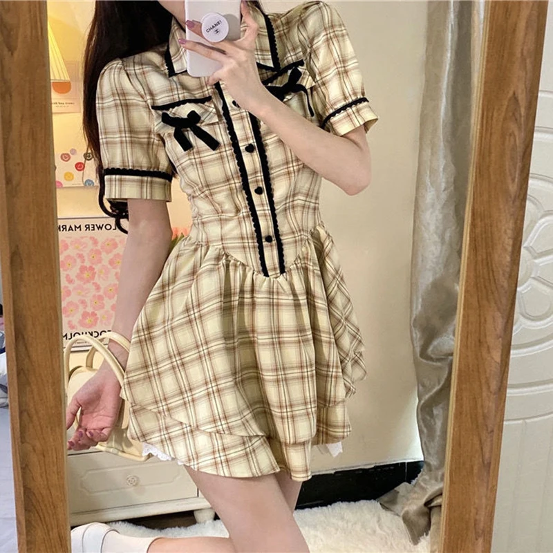 

Японское милое платье для женщин, новое милое клетчатое мини-платье в стиле пэчворк для вечерние, женское летнее милое платье-трапеция с желтым бантом, новинка 2022