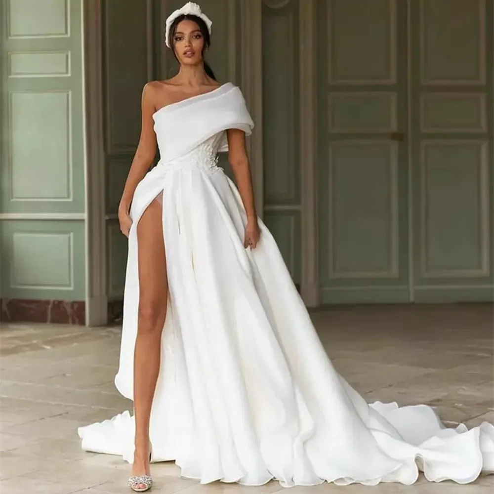 

Robes De Mariage Organza Wedding Dress One Shoulder Sexy Trouwjurk Slit Skirt Simple Abito Da Sposa Bow Back Hochzeitskleid