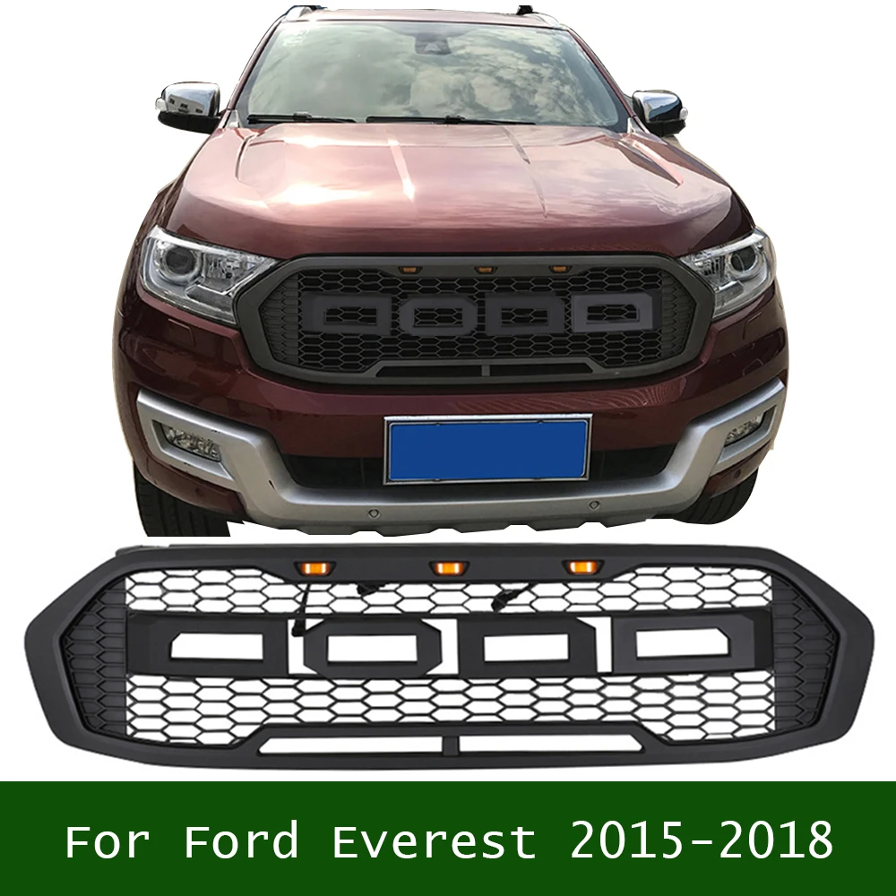 

For Ford Everest 2015-2018 Car Bumper Trims Amber LED Modified Front Racing Grills ABS Grill Mesh Grille Mask Cover