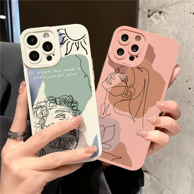 

Abstract Line Face Phone Case For iPhone 11 12 13 14 Pro Max 7 8 Plus SE2 X XR XS Lens Protection Soft Silicon Back Cover Funda