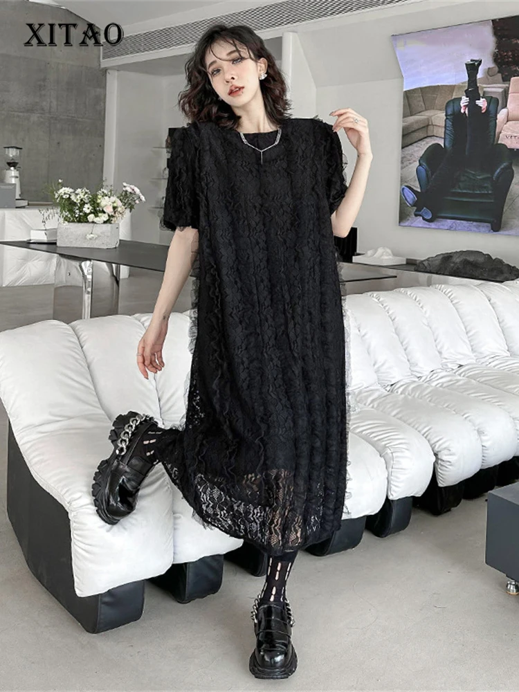 

XITAO Mesh Lace Dress Black Patchwork Small Fresh Tassel Minority Goddess Fan Casual Style Loose 2023 Summer Dress ZRQ1003