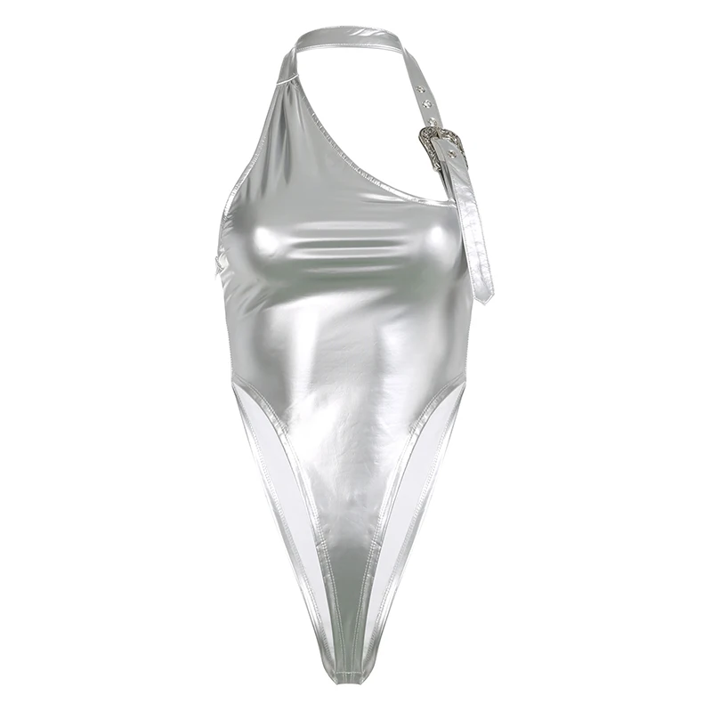 Streetwear Fashion Bling Silver Halter Neck Bodysuit For Women Tops Asymmetrical Skinny Sexy Party Body Backless Slim