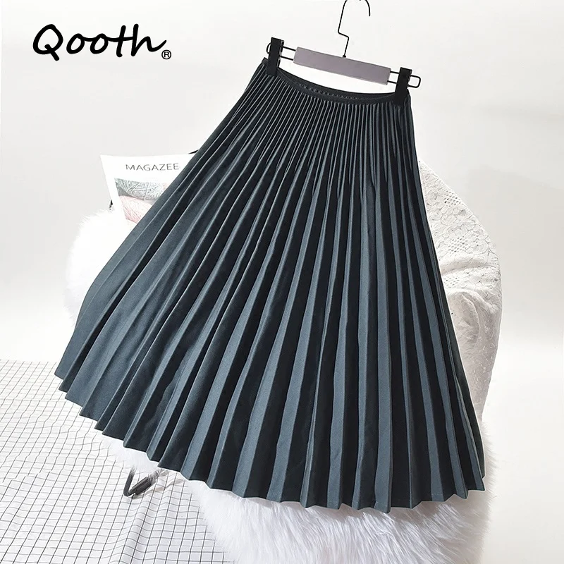 

Qooth Spring Elegant High-waisted Pleated Skirt White Casual Midi Long Skirts Fashion Black Vintage Women Skirt Female QH1682