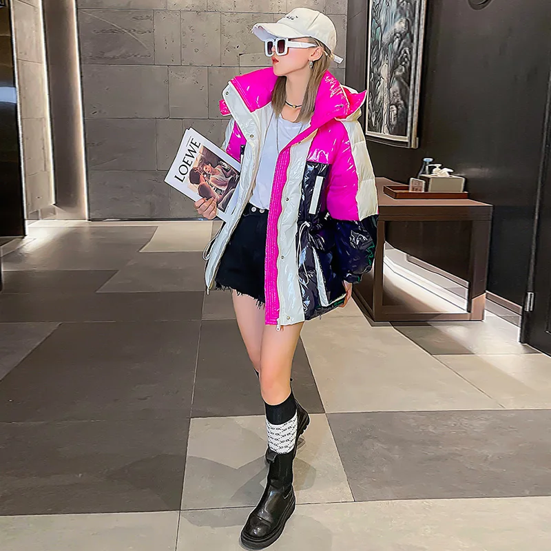 Bright Face Down Padded Women Winter 2022 New Short Hooded Patchwork Color Waist Disposable Thick Fashion Bread Cotton Female