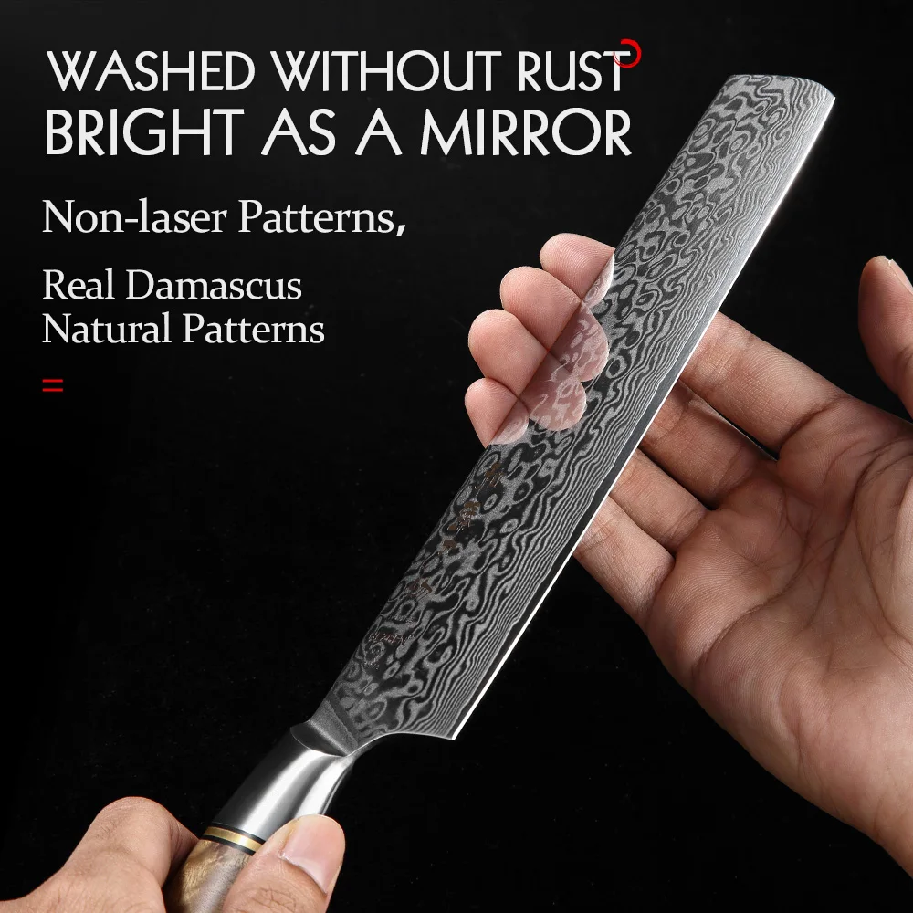 Фото HEZHEN 7-дюймовый нож Nakiri 60-62 HRC японский 67-слойный нож из дамасской стали для овощей и фруктов красивая подарочная коробка нож-тесак №4