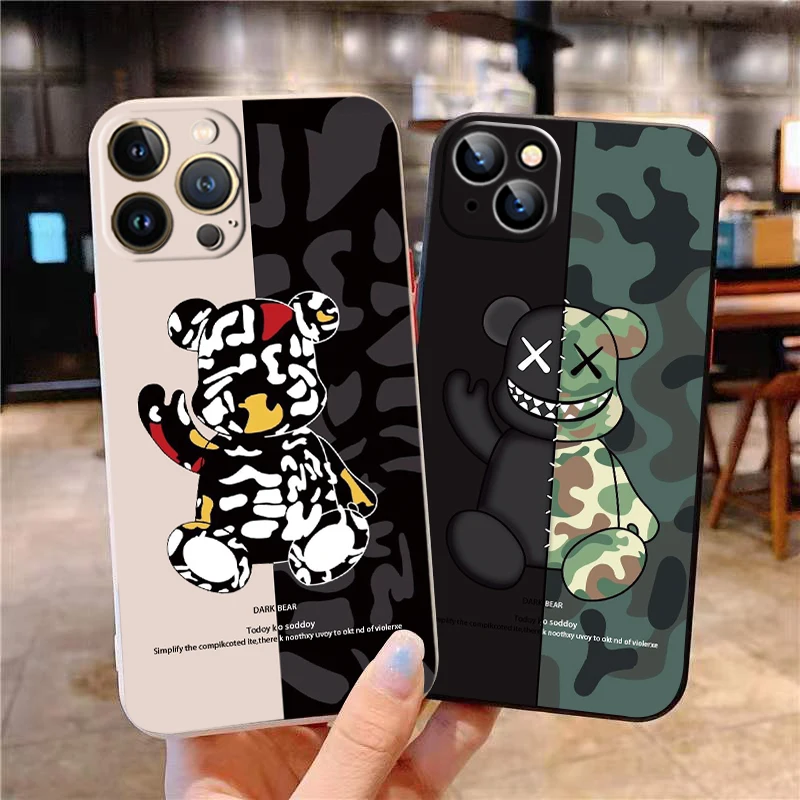 

Luxury Cute Army Bear For Apple iPhone 13 12 11 Pro Max Mini X XR XS Max SE 6 6S 7 8 Plus Phone Case Liquid silicone funda coque