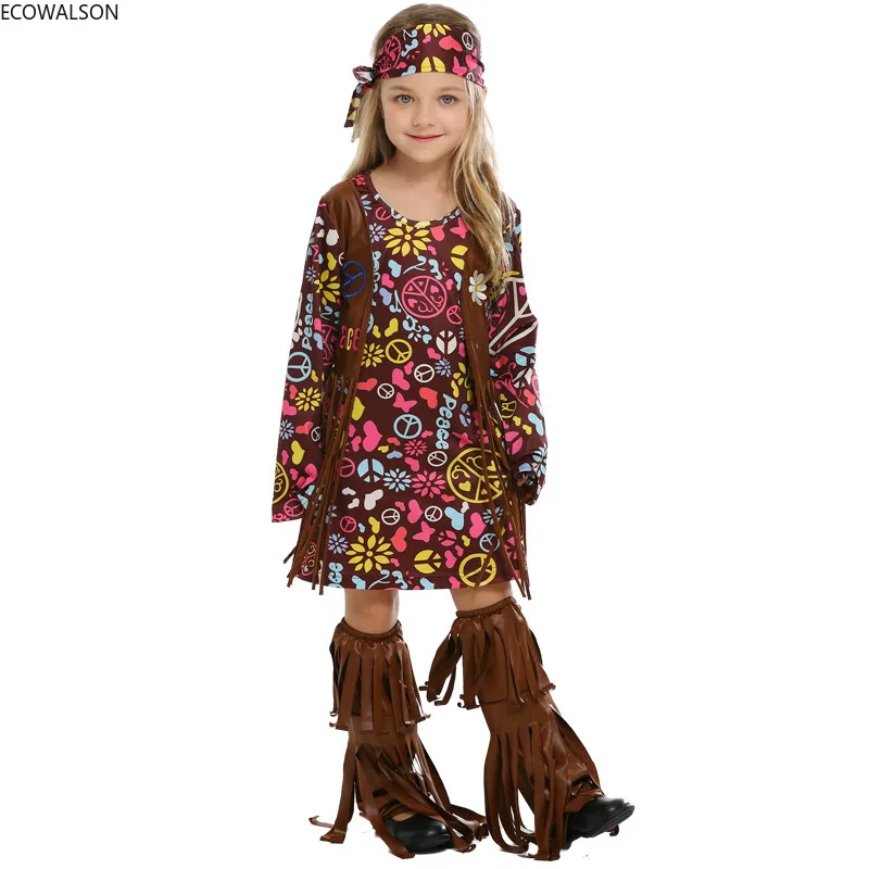 

Halloween Purim Child Savage Native American Costume 60s 70s Retro Hippie National Singer Cosplay Fancy Dress Retro Disco dress