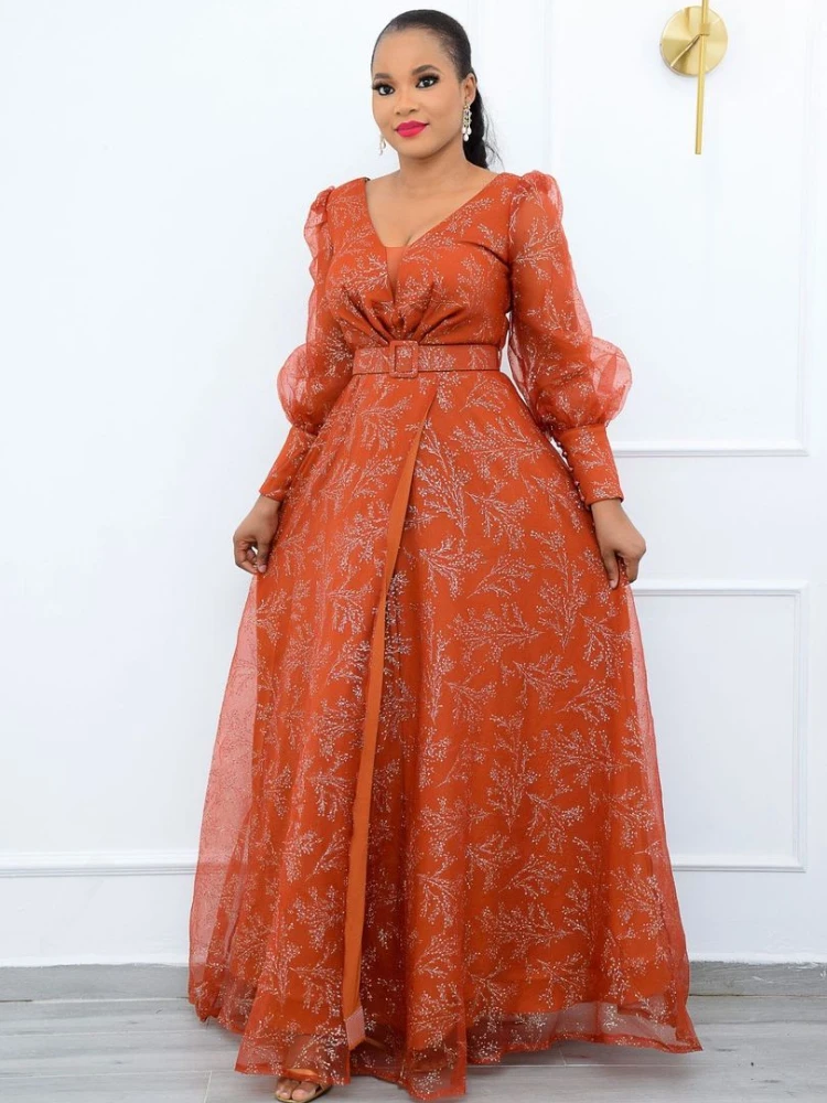 

Африканские платья для женщин, лето 2022, африканские женские платья с V-образным вырезом и длинным рукавом, длинное платье, платье макси, афри...