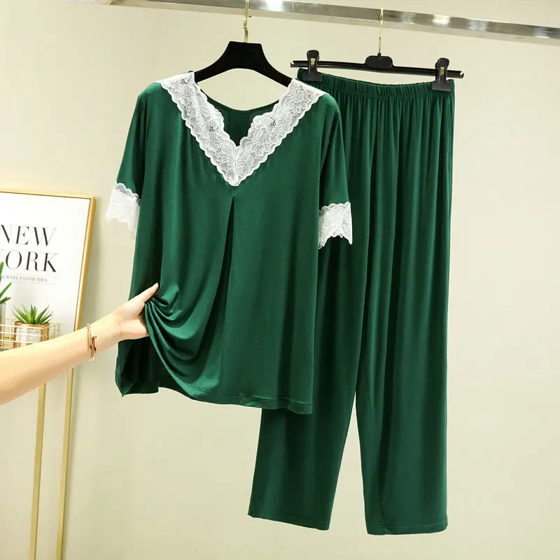 Women's Pajamas Set Modal NEW Soft Casual Sleepwear Set Women Pajama Set Short Sleeves Fashion Lace V-Neck Shirt Pant Homewear
