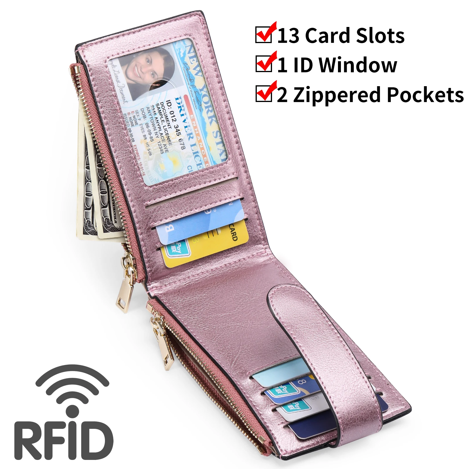 Double Zipper Airtag Wallet Holder Genuine Leather RFID Blocking 13 Card Slots Wallet for Men Women Airtag Tracking Case