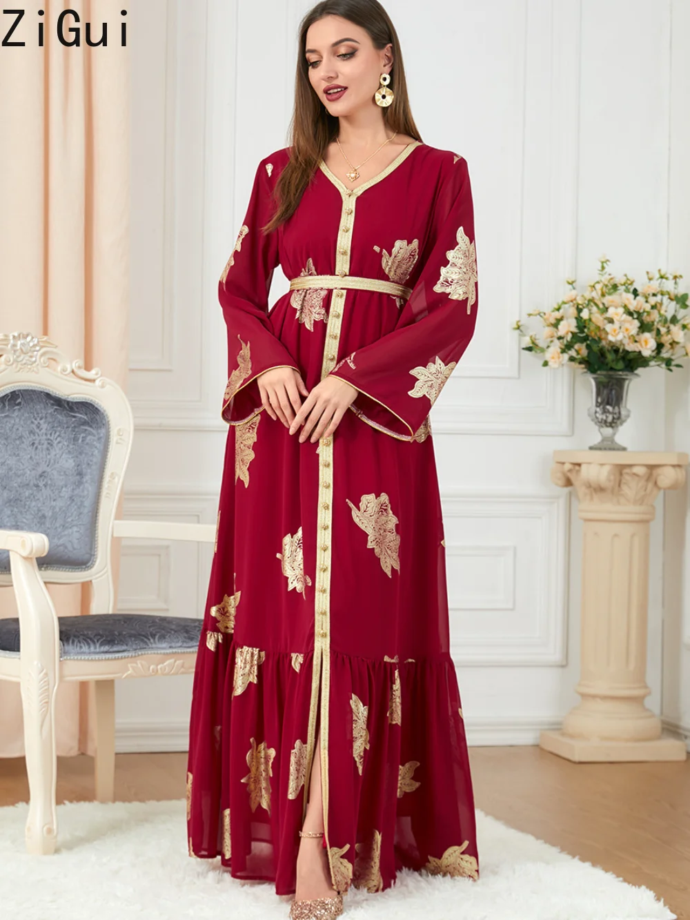 

Zigui Moroccan Kaftan Dress Button Tape Trim Belted Red Muslim Abaya Long Chiffon Elegant Dresses Women