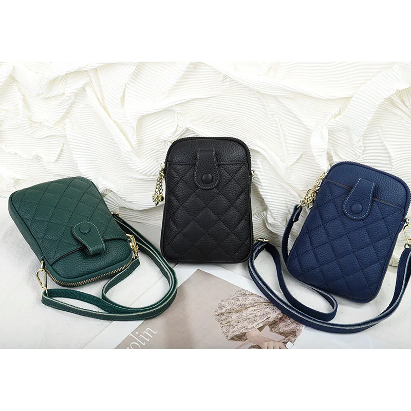 X9918 New Vertical Practical Diamond Pattern Top Layer Cow Leather Versatile Lady Single Shoulder Mobile Phone Crossbody Bags