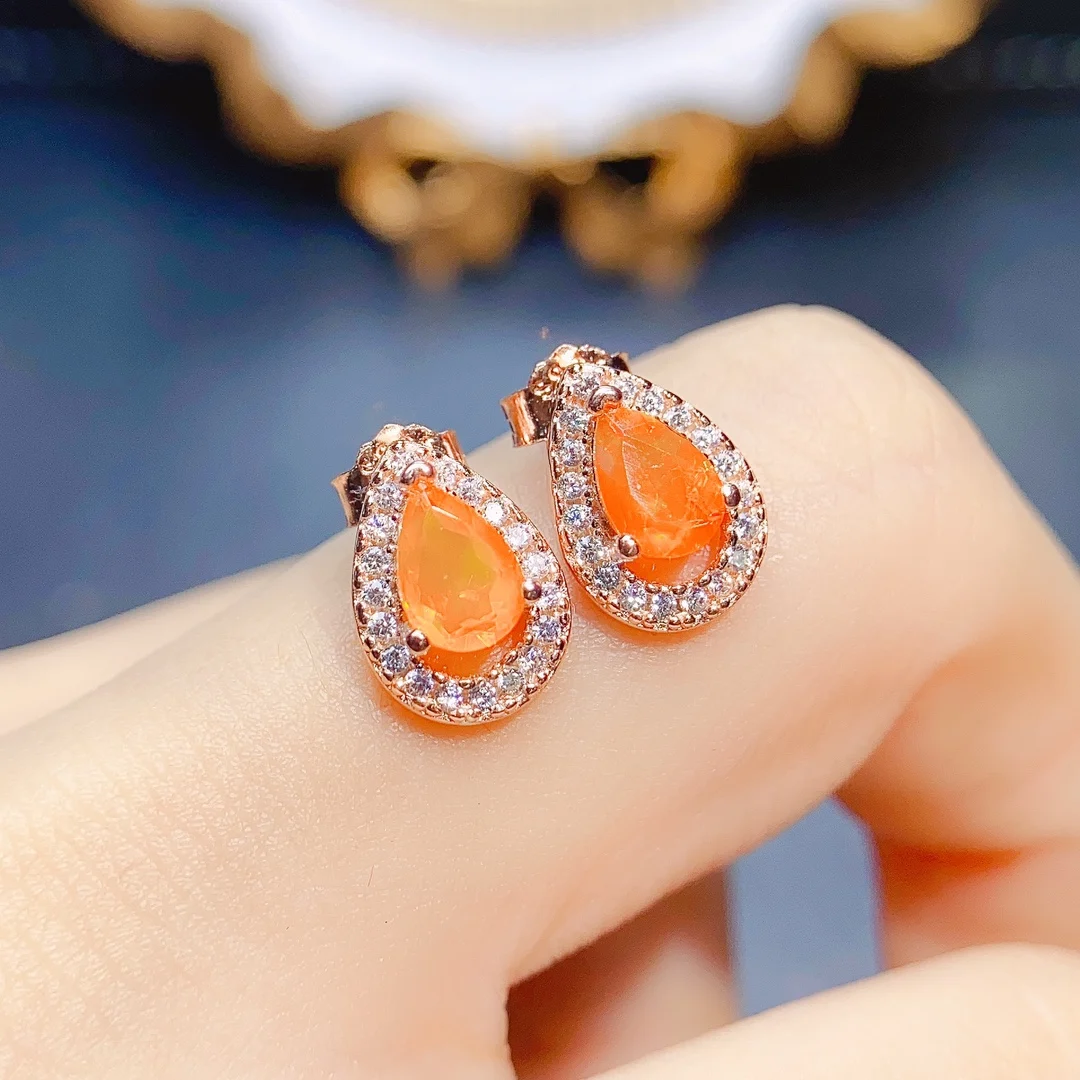 

925 Sterling Silver Stud Earrings With Dancing Opals Real Natural Orange Opal Stud Earrings For Women