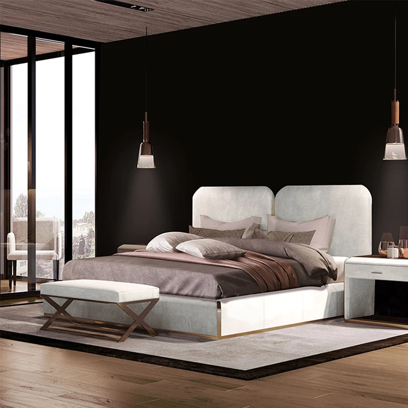 

Italian style light luxury double bed villa large apartment master bedroom leather art bed minimalist metal elements