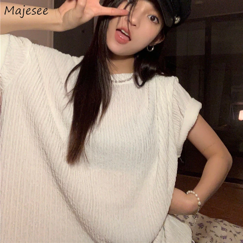 

Short Sleeve T-shirts Women Solid Loose Folds Basic Design футболка оверсайз Casual Cozy Elegant Streetwear Korean Style Ins New