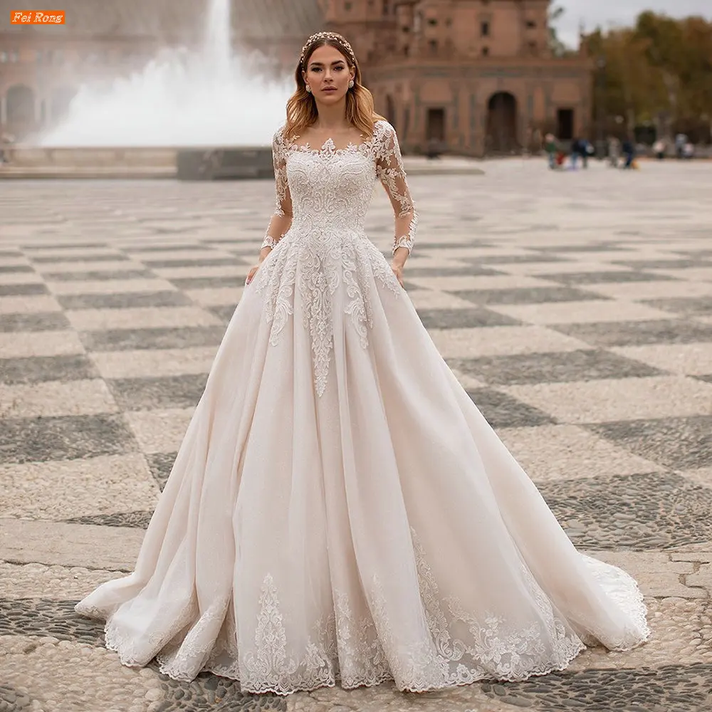 

Luxury Lace Appliques Beaded Wedding Dress свадебное платье Scoop Neck Long Sleeves Chapel Train Bridal Gown Vestido De Noiva