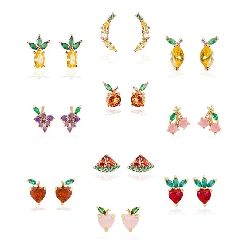 

Gold Color 925 Sterling Silver Fashion Stud Earrings for Women Cute Tropical Fruit Modeling Zircon Trend Jewelry Set Wholesale