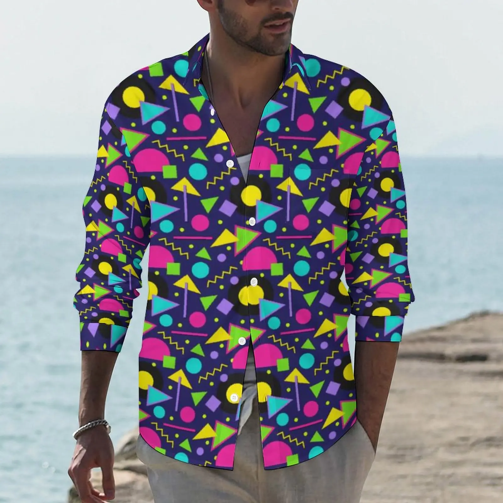 

80S Neon Shapes Shirt Vintage Pattern Casual Shirts Long Sleeve Custom Stylish Blouses Autumn Loose Oversized Clothes