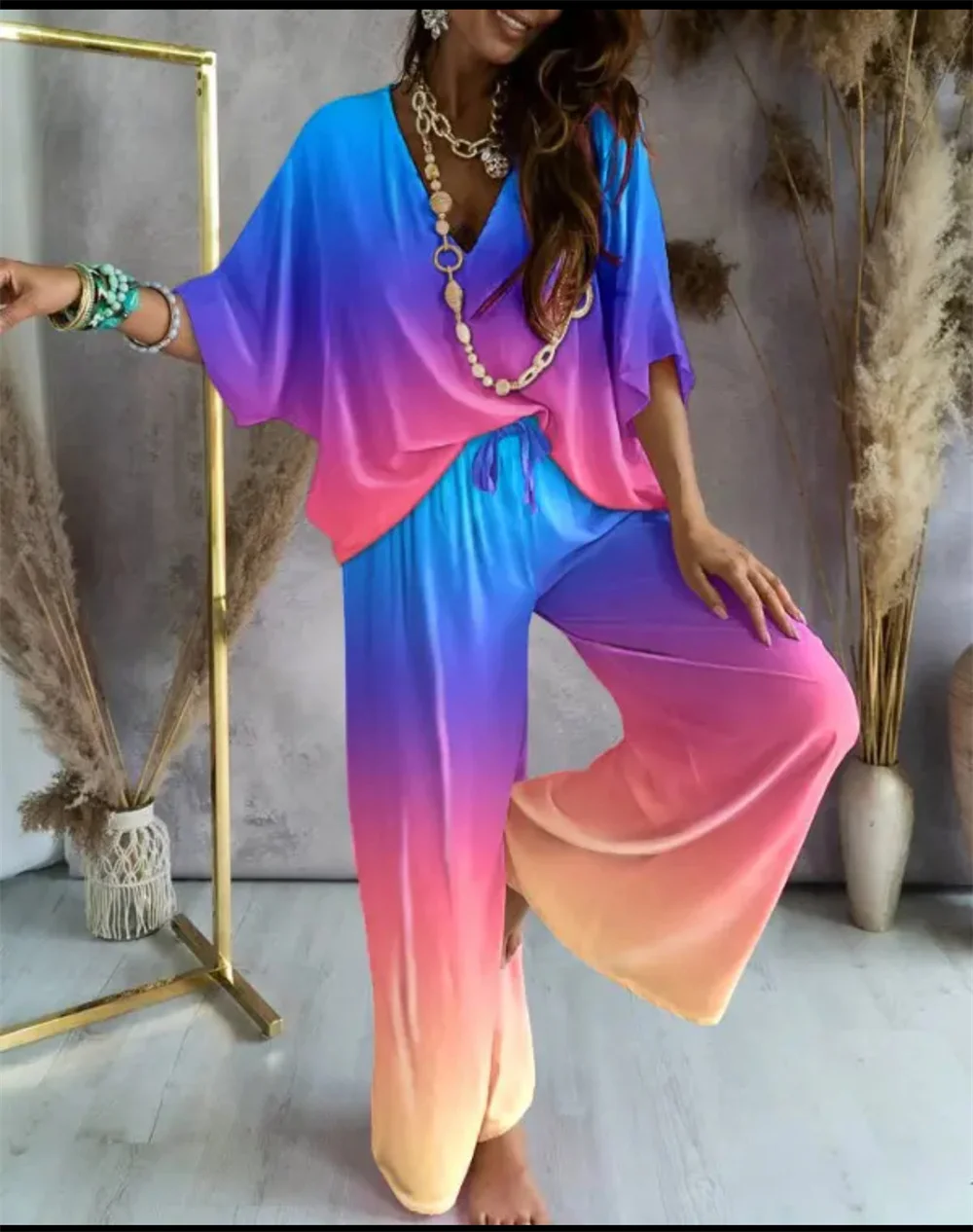 

Women Pants Sets Batwing Sleeve V-neck Blouse + Tie-up Straight Pant Homewear 2023 New in Summer Outfit Casual Loose 2 Piece Set