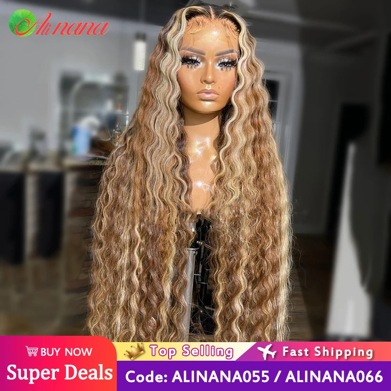 13x6 Lace Frontal Wigs Highlight Brown Blonde Deep Wave Pre-Plucked Honey Blonde Lace Front Human Hair Wigs For Women 32 Inch