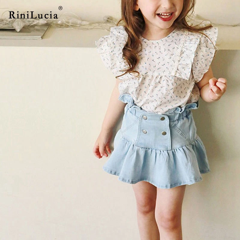 

RiniLucia Girls Lapel Blouse With Ruffles Sleeves Shirt Sleeveless Spring Summer Lace Children Girl Tops Blouse Kids Clothes