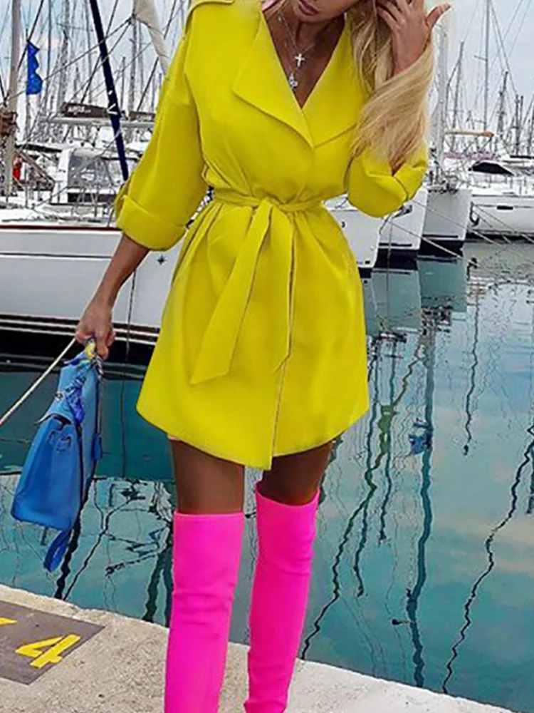 

Elegant Summer Long Sleeve Lapel Office Mini Shirt Dress Women Fashion Solid Color Lace Up Dress Spring Casual Commuter Dresses