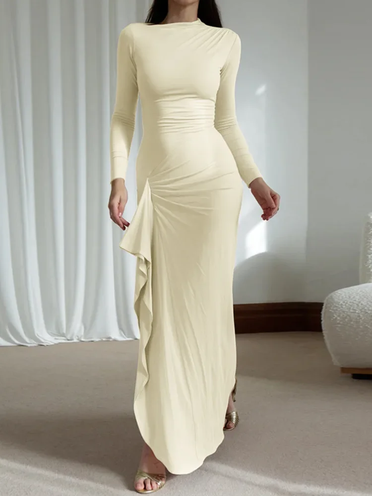 LangMao сексуальное платье макси со шнуровкой до бедра и длинными рукавами для