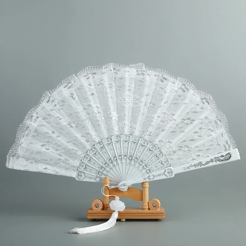 5pcs Luxury White Lace Folding Fan Plastic Bride Hand Fan Spanish Lolita Lace Fan Wedding Party Favor Gift Dance Fan