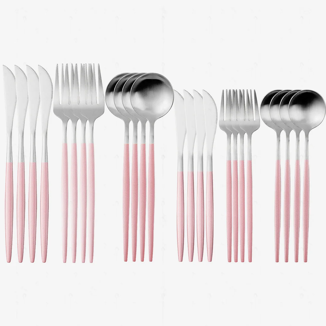 

24Pcs/set Pink Silver Matte Cutlery Set Stainless Steel Dinnerware Silverware Flatware Set Dinner Tableware Knife Fork Spoon Set