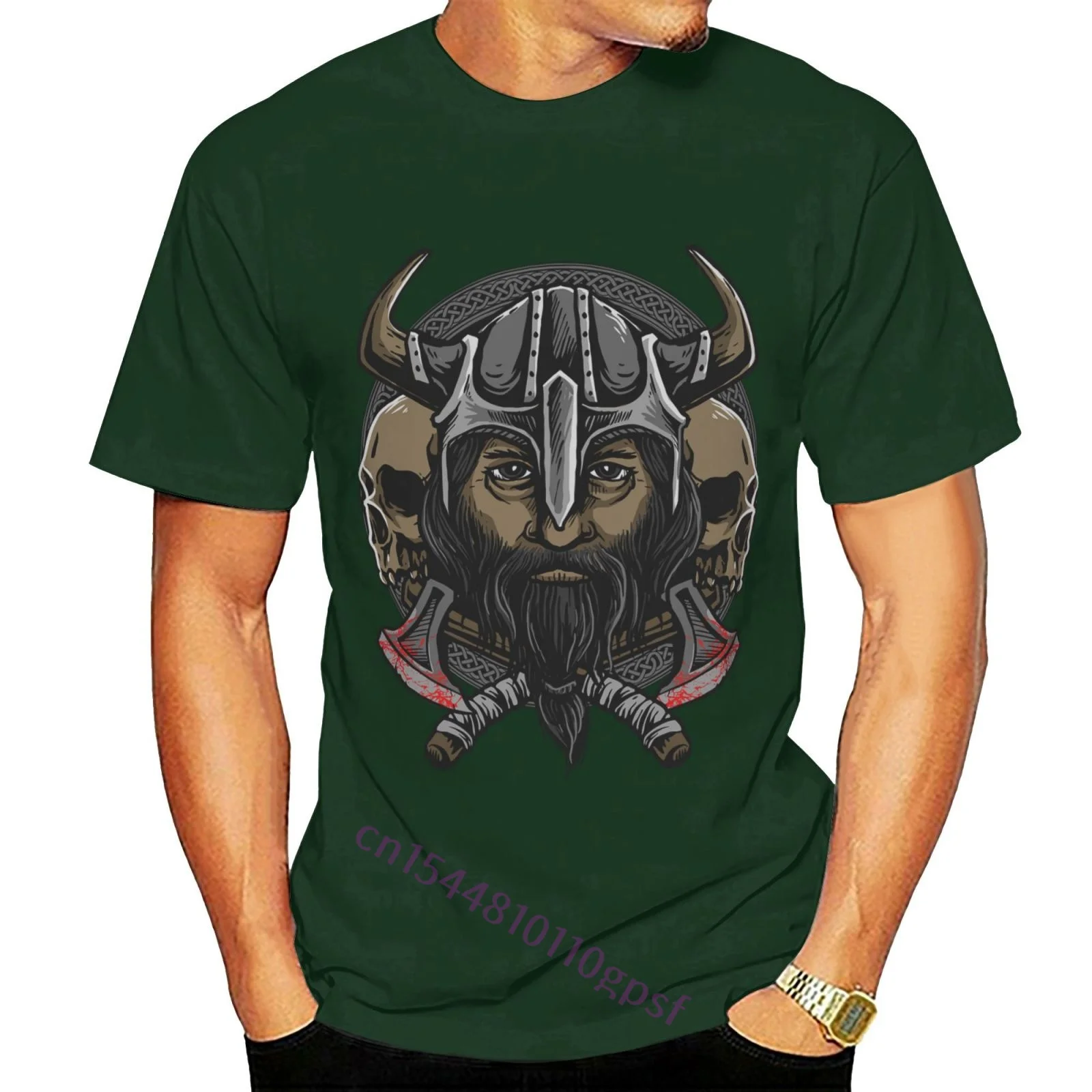 

Unisex Vector Of Viking Head With Vintage Funny Tshirt Men's 100% Cotton Forest Green T-Shirt Streetwear Tee