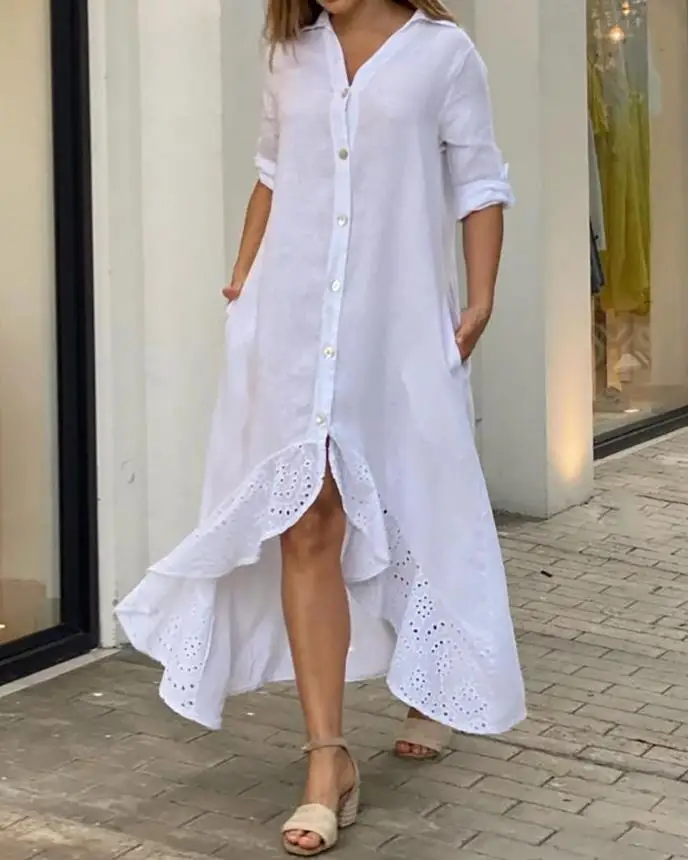 

Dresses for Women 2023 Spring Fashion Eyelet Embroidery Ruffles Dip Hem Casual Turn-Down Collar Plain Daily Shirt Dress