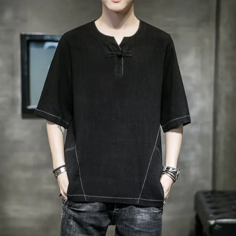 Новинка 2020 мужские топы в китайском стиле льняной костюм Тан с рукавом до локтя