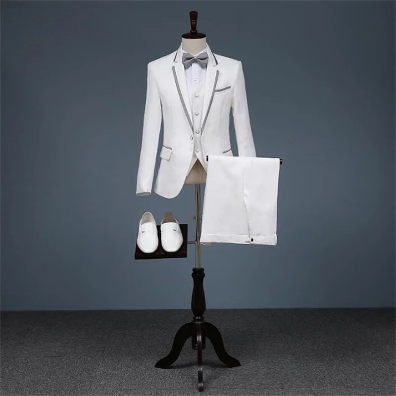 

White singer star style dance stage clothing for men suit set with pants 2020 mens wedding suits chorus groom formal dress tie