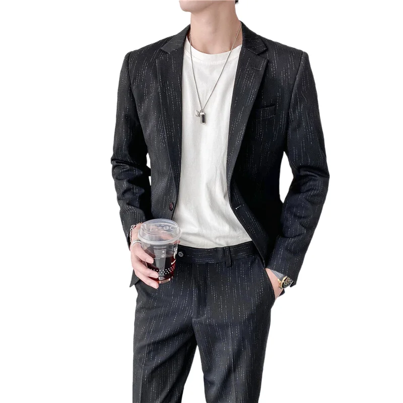 

Boutique (Blazer + Trousers) Men's Suit Fashion Business Elegant Italian Style Casual Gentleman Striped Formal Suit 2-piece Set