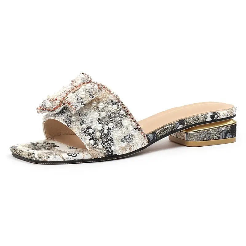 Rhinestone Women's Sandals Thick Heel Fashion Flat Bottoms Ladies Shoes Summer New Casual Square Head Outside Female Slippers