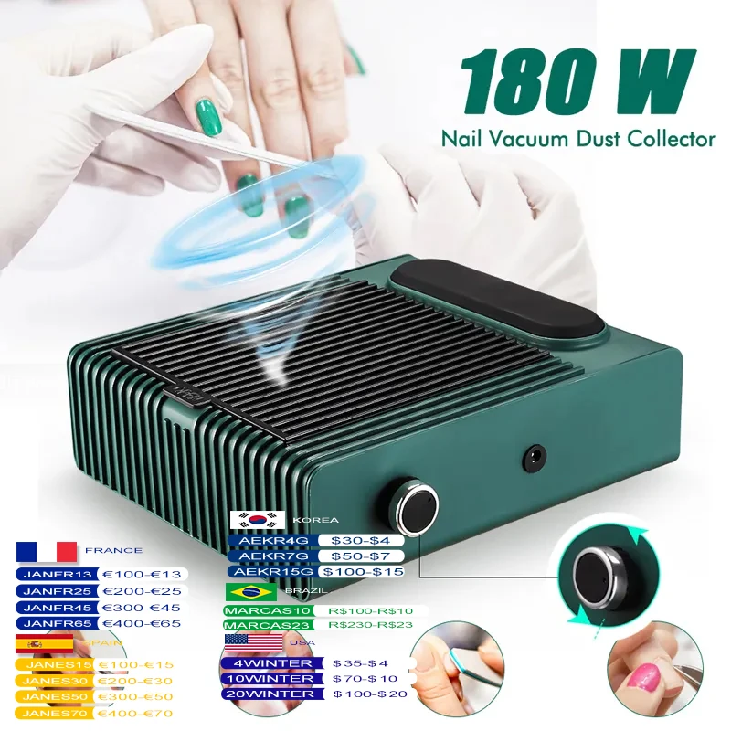 180W Nail Vacuum Cleaner for Manicure Pedicure with Removable Filter Strong Power Nail Dust Collector Adjustable Manicure Machin